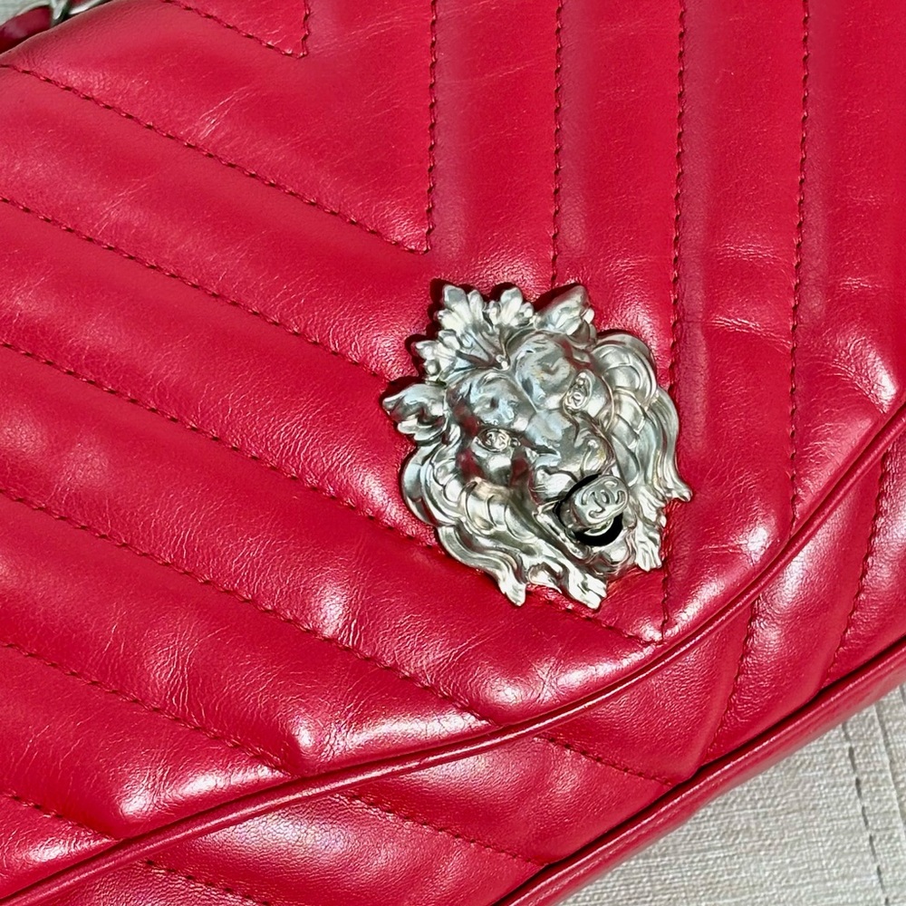 CHANEL Red Lambskin Chevron Flap Bag SHW Lion Hardware - Picture 8 of 16